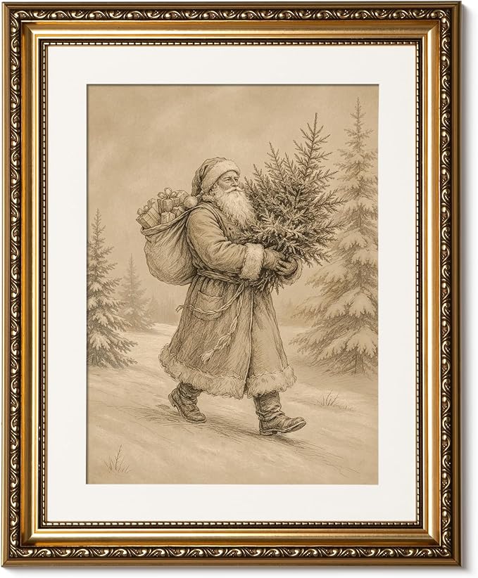 ARPEOTCY Vintage Gold Framed Christmas Wall Art, Santa Tree Prints, 13x16In - skull wall art