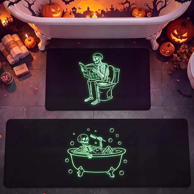 Halloween Skeleton Bath Mat Set of 2, Glow in The Dark Bathroom Rugs