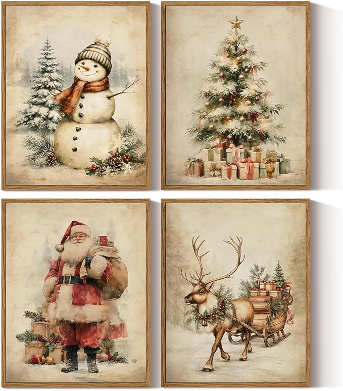 InSimSea 4 pcs Framed Wall Art, Vintage Christmas Prints, 11x14 In - skull wall art