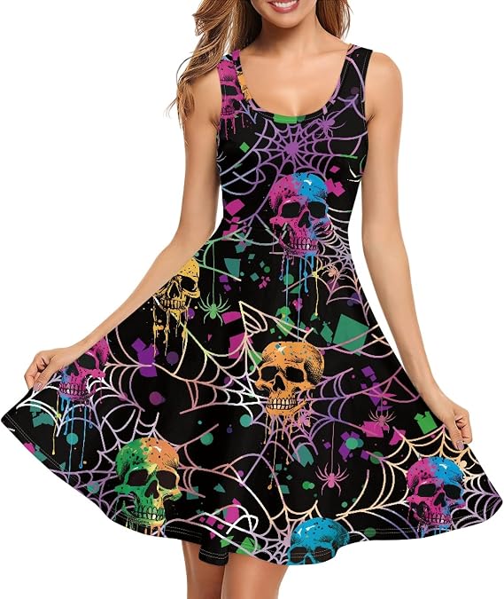 TOADDITDO Women's Sleeveless O Neck Beach A-Line Party Coctail Tank Dresses Flared Sundress - sugar skull dress
