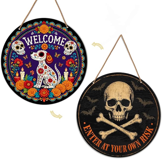 Halloween Sign for Door Reversible Day of the Dead Day Porch Patio Decor