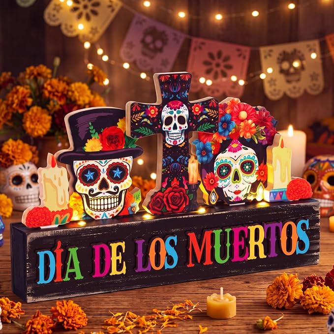 Dia De Los Muertos Altar Decor, Lighted Sugar Skull Decor - skull plate