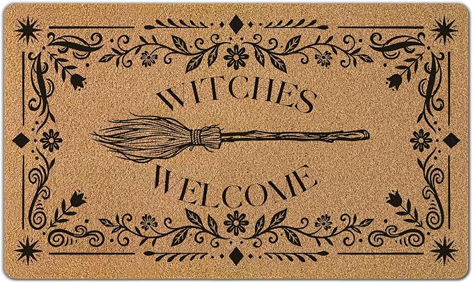 Halloween Welcome Witches Door Mat, Goth Witchy Witch Broomstick Front Door Mat Rug Outdoor Indoor Entrance, Gothic Spooky Artificial Coir Doormat for Entry, Halloween Decor for Home,30×17