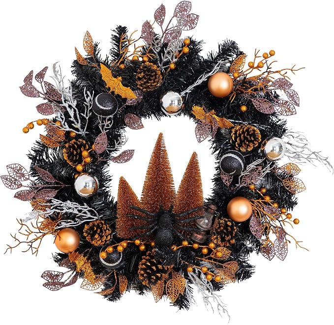Nearly Natural 24in. Black Halloween Foliage Wreath, Fall Door Decor - skull wreath