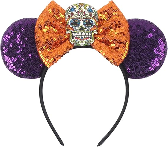 Women Halloween Character Ear Headband Set, Sequin Bow Hair Accessory for Cosplay Party Costume - sugar skull makeup
