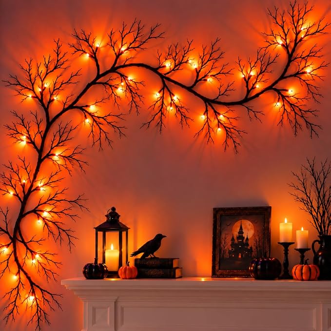 Halloween Garland with Orange Lights, 6 FT Bendable Black Branch, 45 LEDs Battery Operated Halloween String Lights with 8 Modes, 6H Timer for Mantel, Doorway, Stairs, Indoor and Outdoor Decorations - string light