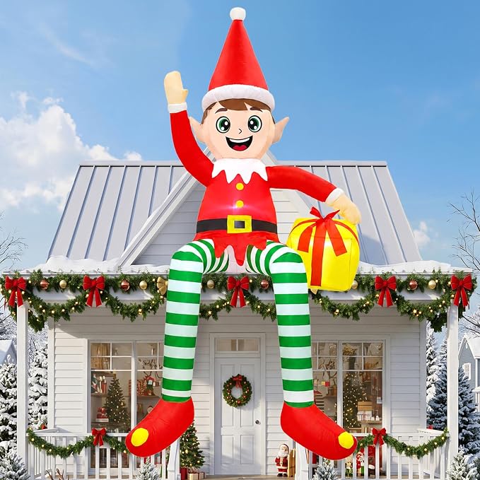 10FT Giant Christmas Inflatables Outdoor, Sitting Elf with Gift Box - skull inflatable