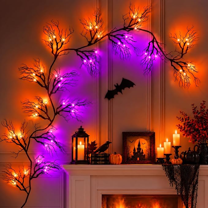 Halloween Garland with Orange & Purple Lights, 6 FT Bendable Black Branch - string light
