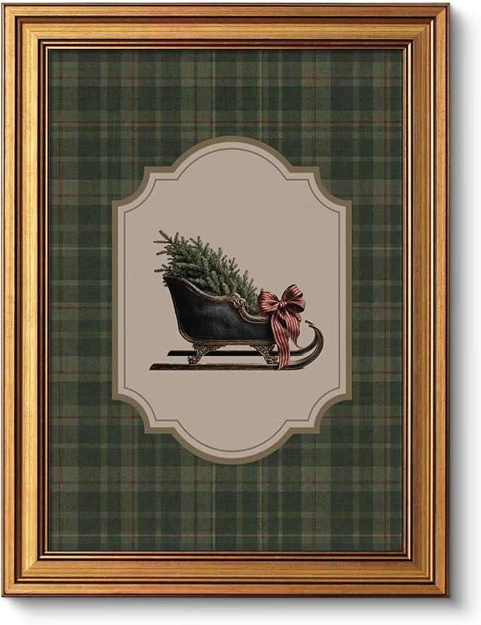 VIYYIEA Gold Framed Christmas Wall Art, Vintage Winter Sleigh Plaid Prints - skull wall art