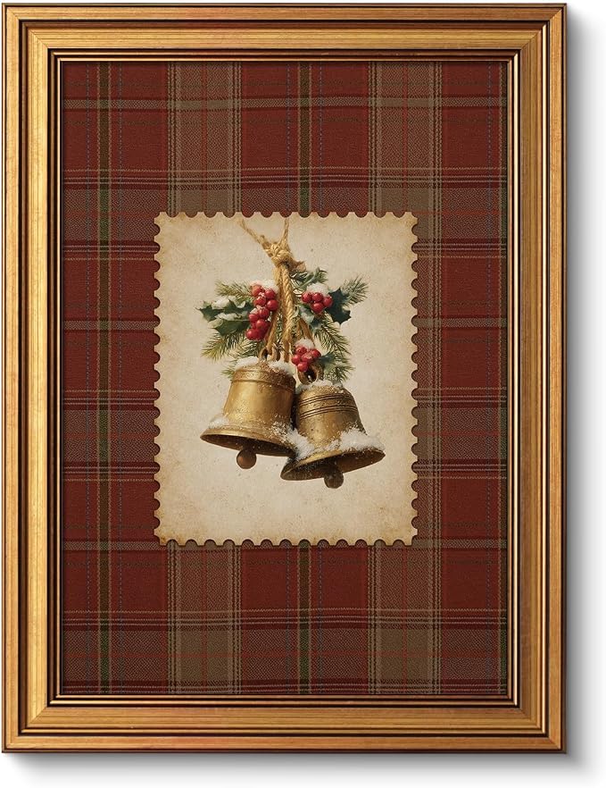 VIYYIEA Gold Framed Christmas Wall Art, Winter Christmas Bells Plaid Prints - skull wall art
