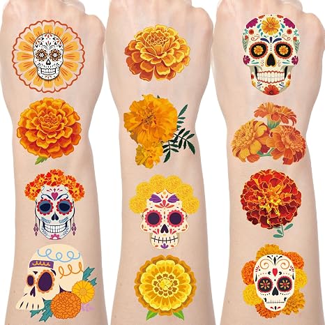 Gameza Day of the Dead Temporary Tattoos, 200+ Dia De Los Muertos Party Decorations Favors, Mexican Festival Marigold Tattoo Stickers Gifts Prizes Supplies - skull sticker