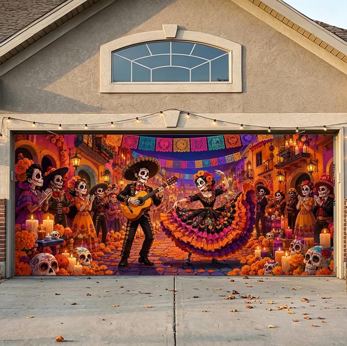 Day of The Dead Garage Door Cover Dia De Los Muertos Outdoor Decorations Giant Sugar Skull Skeleton Halloween Banner for Coco Party Supplies Car Garage Covers - skull coaster