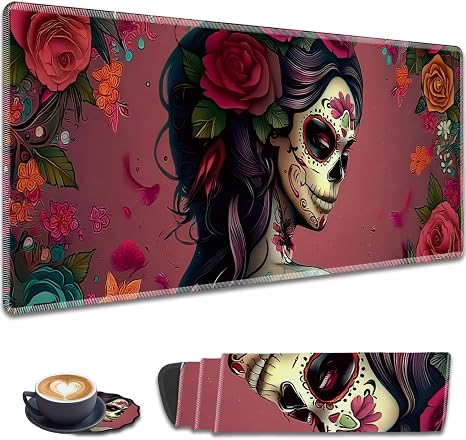 XL Large Gaming Mousepad, 31.5x11.8 Inches Desk Mat + Coaster 2 in 1 Set, Seamed Edge Design, Suitable for Desktop Computers, Laptops and Office, Sugar Skull Girl Roses - skull coaster