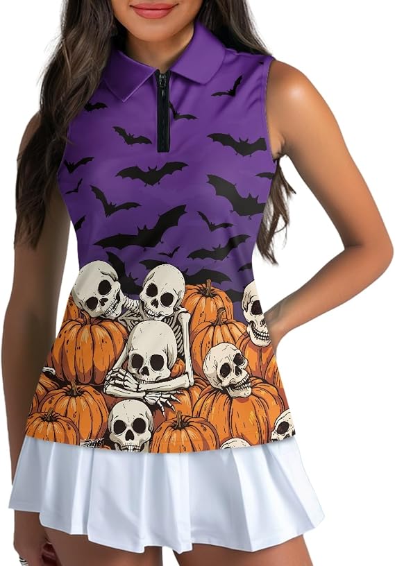 GULANGYU Halloween Print Womens Golf Shirt Sleeveless Polo Shirts Tennis Tank Top - skull tank tops