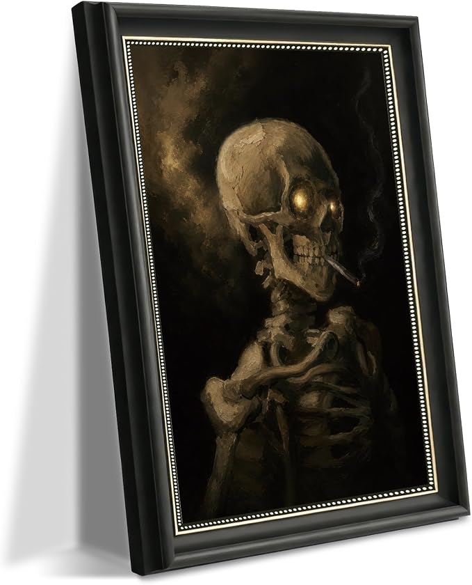 Dark Vintage Smoking Skull Canvas Wall Art, Framed Gothic Oil Painting for Living Room Bedroom Office Bar Game Room, Memento Mori Decor, Good Gift for Men Husband Brother Friend Birthday Halloween,9x11 Inch - skull wall art