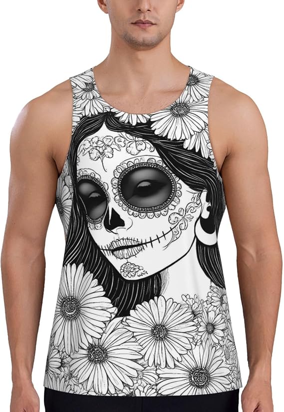Floral Sugar Skull Portrait Print Men’s Quick-Dry Workout Tank Top, Sleeveless Athletic Shirt - skull tank tops