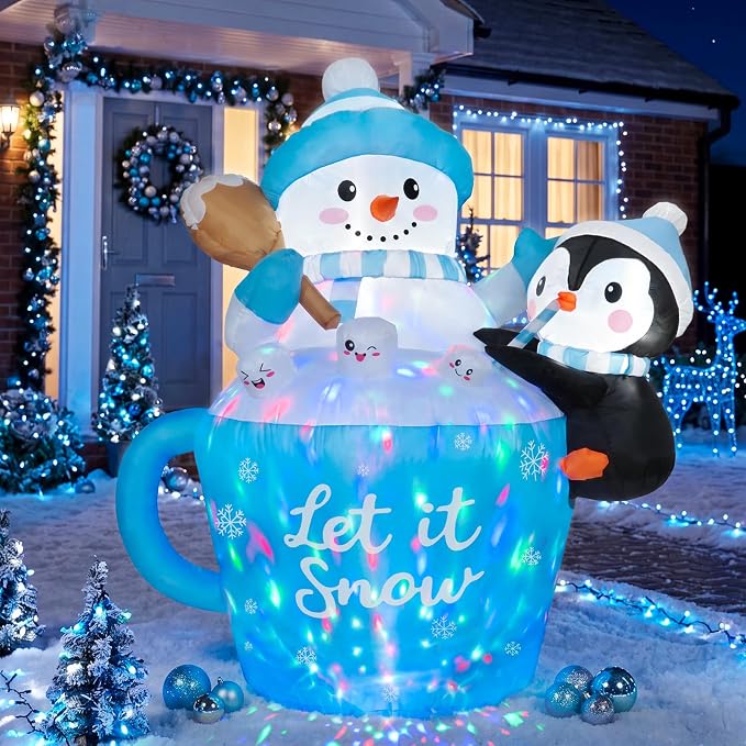 5 FT Christmas Inflatables Outdoor Decorations, Blue Blow Up Snowman in Mug