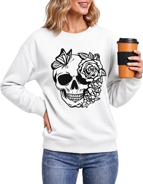 Women's Drop Shoulder Crewneck Sweatshirt Spooky Season Pullover - skull leggings