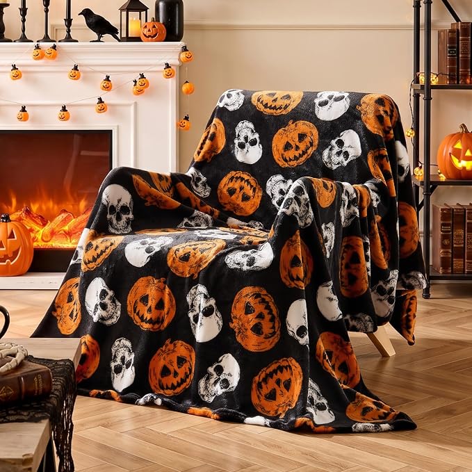 BEDELITE Pumpkin Skull Halloween Throw Blanket, Black, 50″x60″