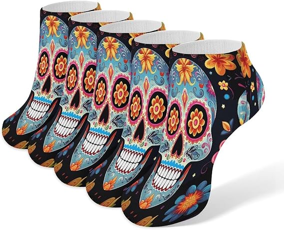 Sugar Skulls Ankle Socks for Men Women 5 Pairs - sugar skull costume