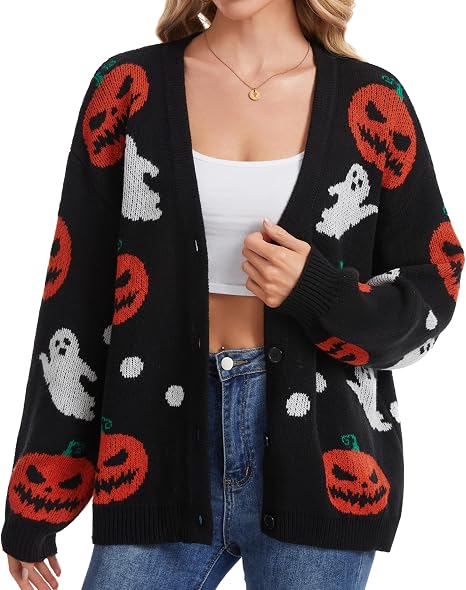 Women's Halloween Pumpkin Ghost Open Front Cardigan Button Kint Sweater - skull jacket