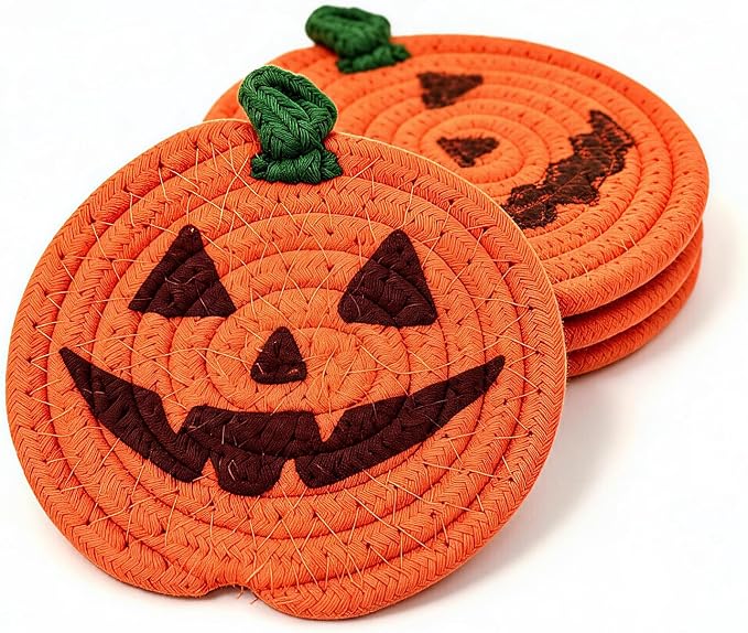 Halloween Coasters Set of 4, Fall Pumpkin Woven Cotton Rope - skull coaster