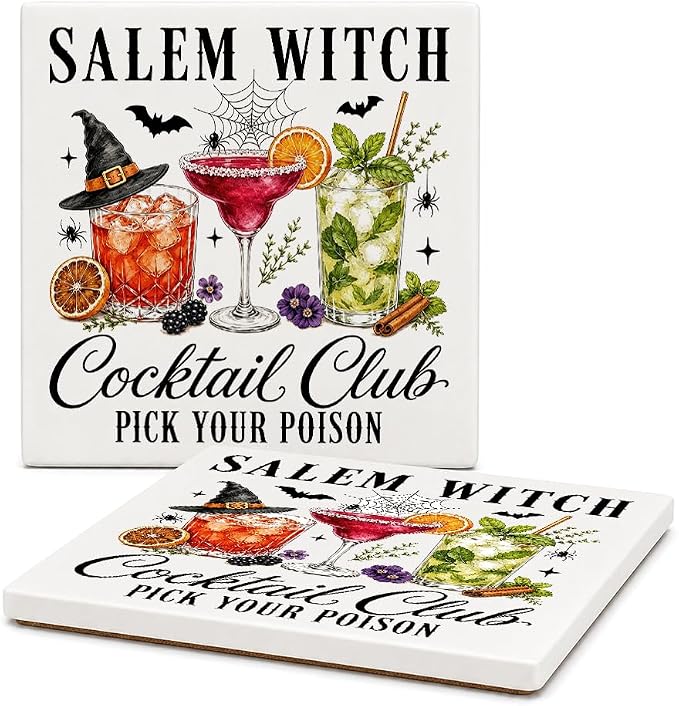 2 Pcs Salem Witch Cocktail Club Funny Halloween Ceramic Coasters - skull coaster
