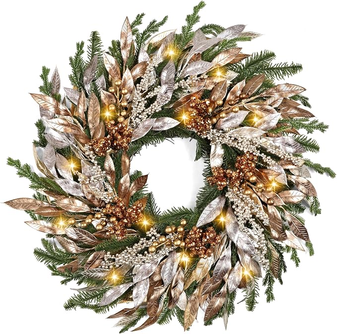 Christmas Wreaths for Front Door - 8 Lighting Modes 26 Inch Real Touch Pine Wreath with Gold Leaves & Champagne Berries Prelit Winter Wreath for Outdoor Christmas Decorations Windows Indoor Home Decor - skull wreath