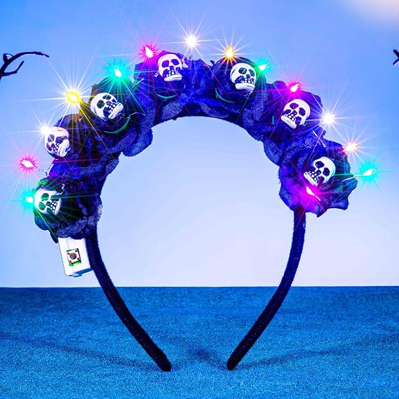 Light Up Skull Headband LED Black Flower Crown Hairbands Day of the Dead Headpieces Glitter Halloween Hair Accessories for Women - skull headband