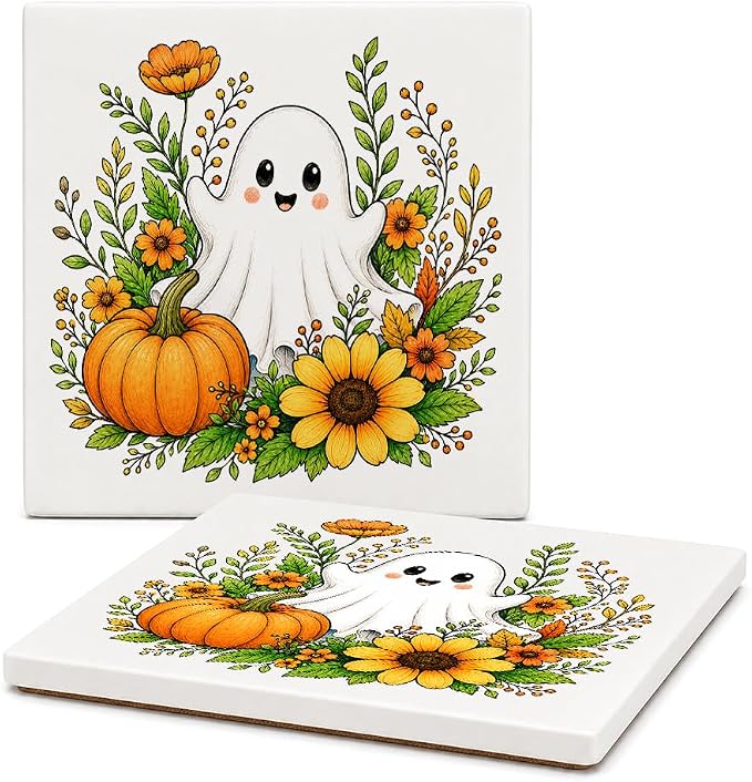 2 Pcs Cute Ghost Pumpkin Sunflower Halloween Ceramic Coasters Gifts - skull coaster