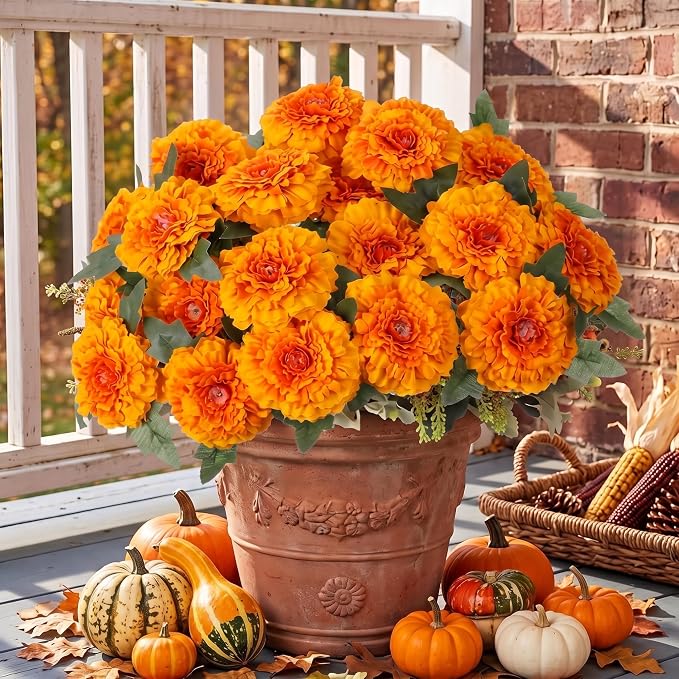 Suncalla 21 Heads Orange Artificial Marigold Day of The Dead Flower - skull wreath