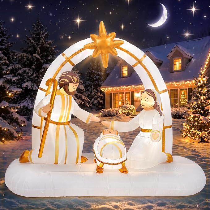 7FT Gold Christmas Inflatables Nativity Scene with Archway & Bethlehem Star - skull inflatable