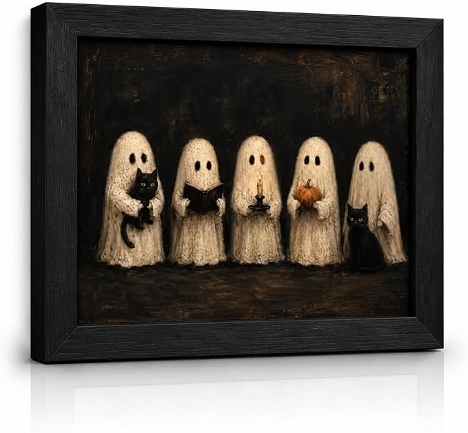 Black Frame Halloween Ghost Wall Art Cat Picture Poster Gothic Artwork