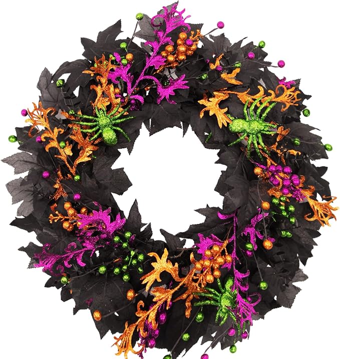 22 Inch Glitter Halloween Wreath for Front Door, Glam Spooky Wreath with Green Glitter Spiders, Purple Orange Green Glitter Leaves and Berry Ornaments, Seasonal Decor for Halloween Party - skull wreath