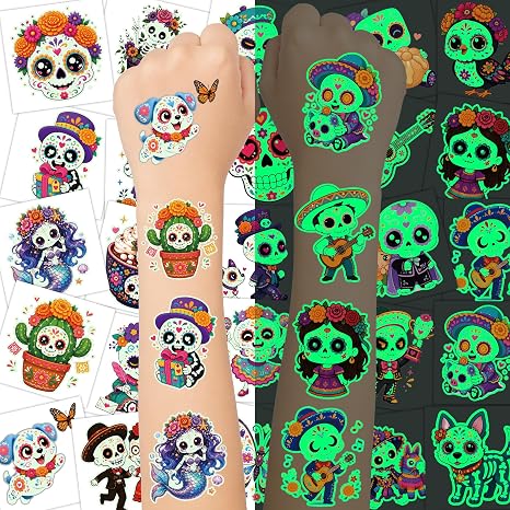 108PCS Day of the Dead Tattoos for Kids Dia de los Muertos Decorations - skull sticker