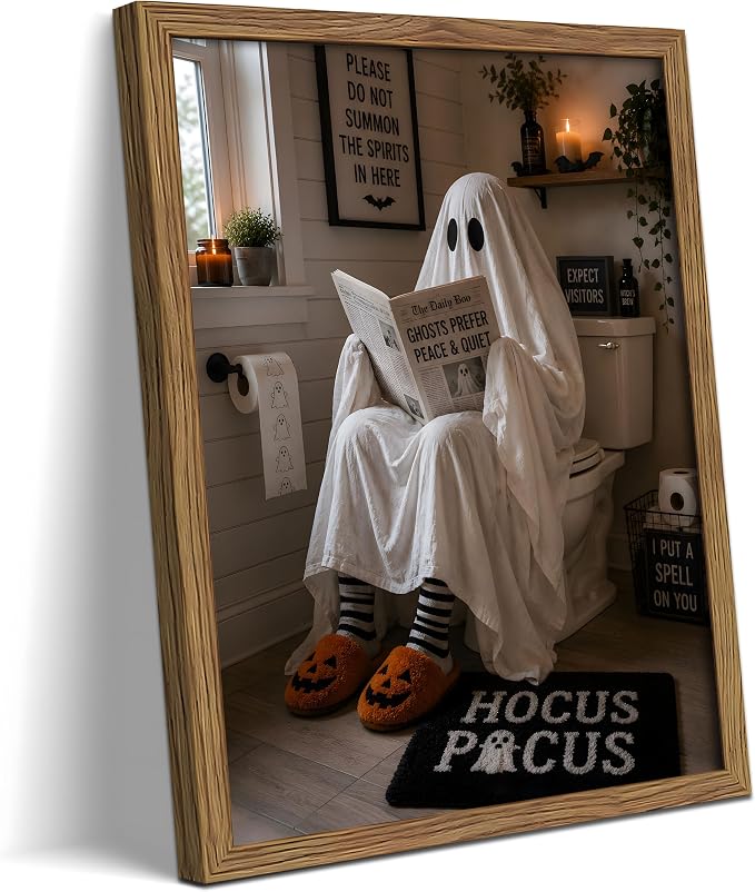 Framed Funny Halloween Bathroom Wall Art, Ghost Reading Newspaper on Toilet Wall Decor, Spooky Hocus Pocus Canvas Print Poster for Restroom Powder Room Halloween Home Decor 8x10 Inch - skull toilet paper