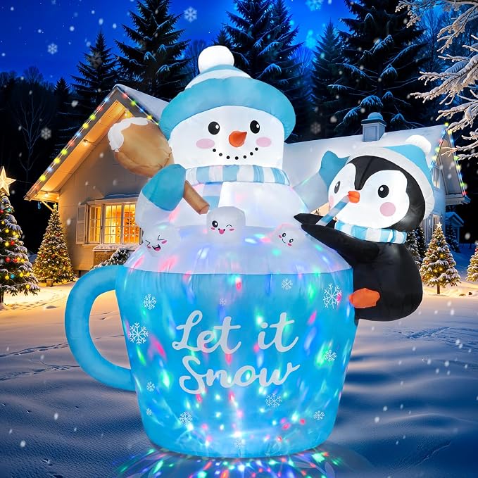 OurWarm 5 FT Christmas Inflatables Outdoor, Blue Inflatable Snowman in Mug