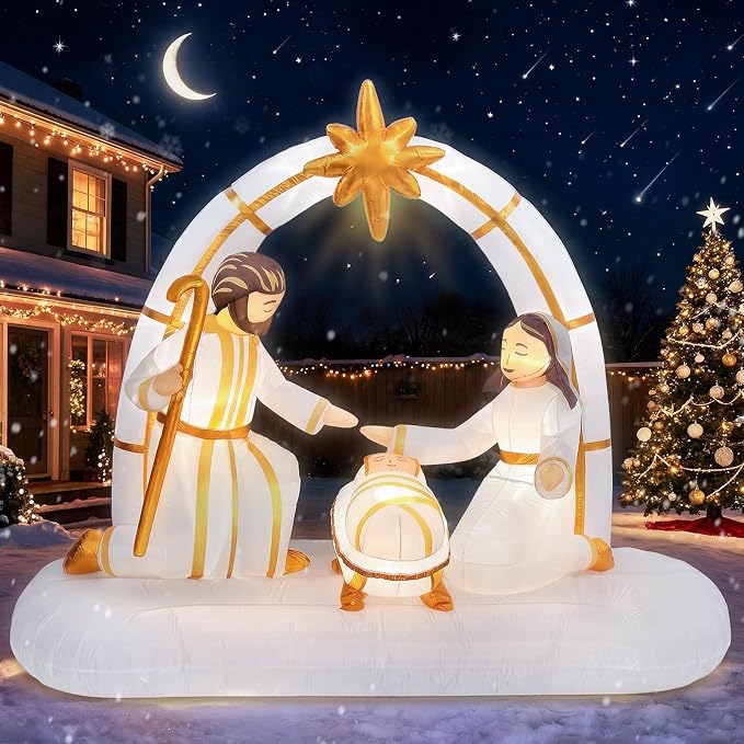 7 FT Christmas Inflatable Nativity Scene Outdoor Decorations, White Gold - skull inflatable