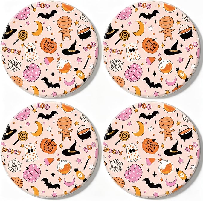 AnyDesign 4Pcs Pink Halloween Coasters, Cartoon Ghost Pumpkin Spider Web - skull coaster