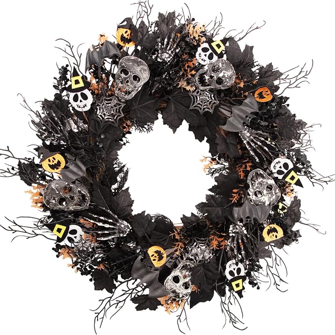 24 in Spooky Halloween Wreath for Front Door, Gothic Halloween Wreath with Skulls, Skeleton Hands, Bats, Spider Web and Jack‑O‑Lantern Ornaments, Scary Seasonal Home Decor for Halloween Party