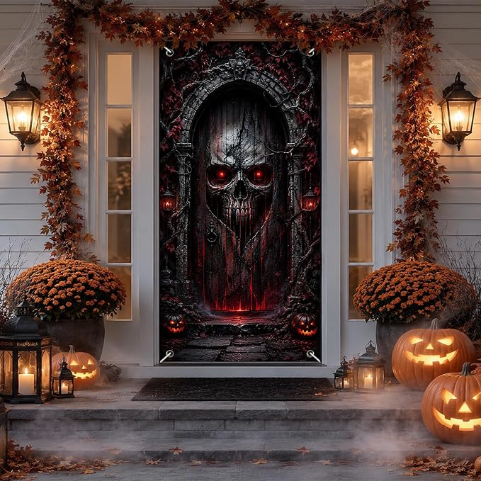 IVN Halloween Glowing Skull Gate Door Cover Decorations 35x71 Inch - skull lamp