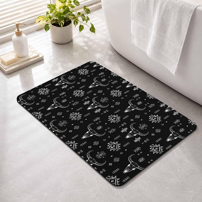 Retro Southwestern Stone Bath Mat, Bull Skull Tribal Geometric Black White 24" x 36" Super Absorbent, Dries Quickly, Non-Slip Diatomaceous Earth Bath Mats for Bathroom Kitchen Laundry - skull toilet mat