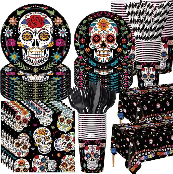 452 Pcs Day of the Dead Paper Plates Napkins Cups Tableware Set - skull plate