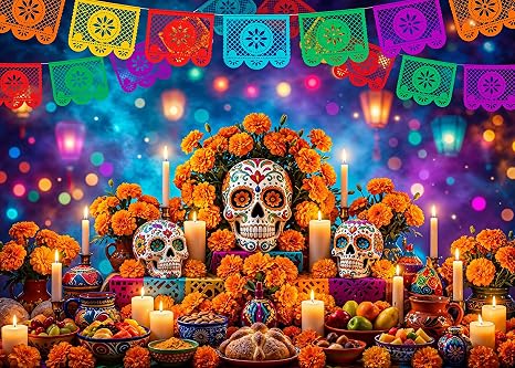 Day of the Dead Backdrop for Photography Dia de Los Muertos Sugar Skull Background Mexican Ofrenda Marigold Photography Backdrop for Halloween Party Photo Booth Studio Props 064 7x5ft - skull candle