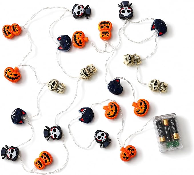 Halloween String Lights, 4-in-1 Mixed Design with Pumpkin, Mummy, Skull, Black Cat, Battery Powered, 8 Lighting Modes, Remote Control, IP65 Waterproof