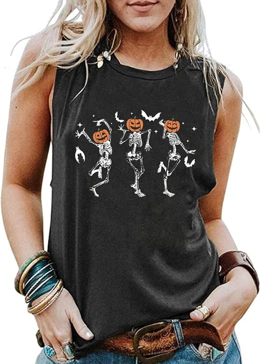 Halloween Tank Tops for Women Skull Dancing Skeleton Shirts Pumpkin Face Graphic Sleeveless Hocus Pocus Tees - skull tank tops