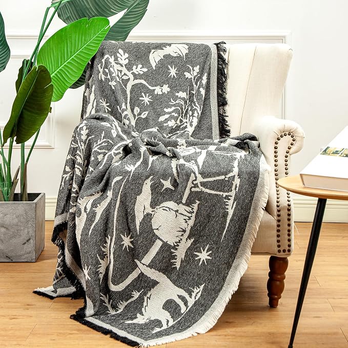 LALIFIT Boho Chic Decorative Throw Blanket Vintage Woodland Bat Cat Spider Skull Design with Tassels Soft Cotton Lightweight & Cozy for Home, Couch, Sofa, Farmhouse 50x60 Inches (Halloween Black) - skull blanket