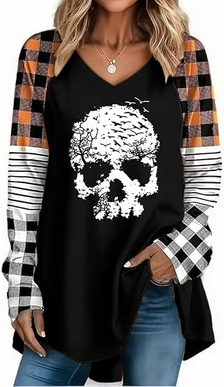 Women Halloween Fall V Neck Raglan Shirt Plaid Striped Sleeve Tunic Top - skull leggings