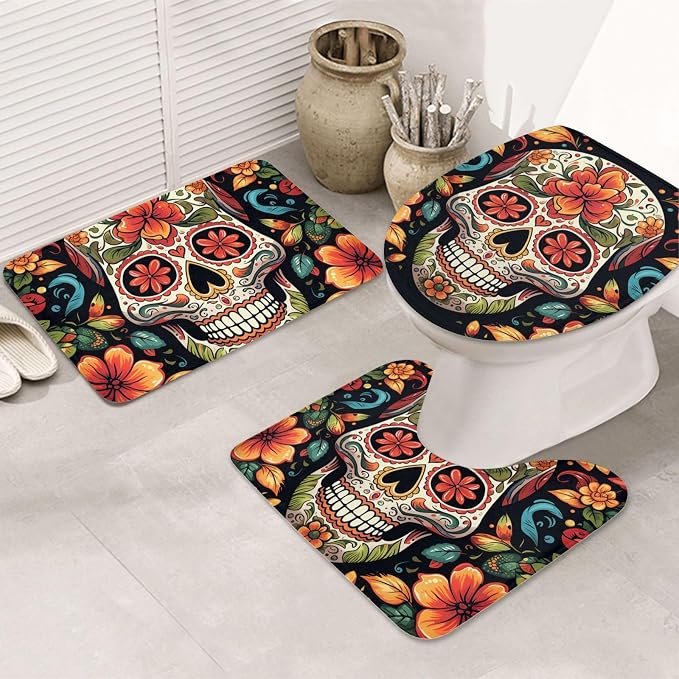 Bathroom Rugs Sets 3 Piece Soft Absorbent Bath Mats for Bathroom U-Shaped Contour Rug and Toilet Lid Cover Colorful Sugar Skull Bath Mat Non-Slip Area Rug Machine Washable Toilet Rug Floor Mats - skull toilet rug
