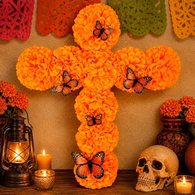 17 x 13" Dia De Los Muertos Decorations, Day of the Dead Marigold Cross - skull carpet